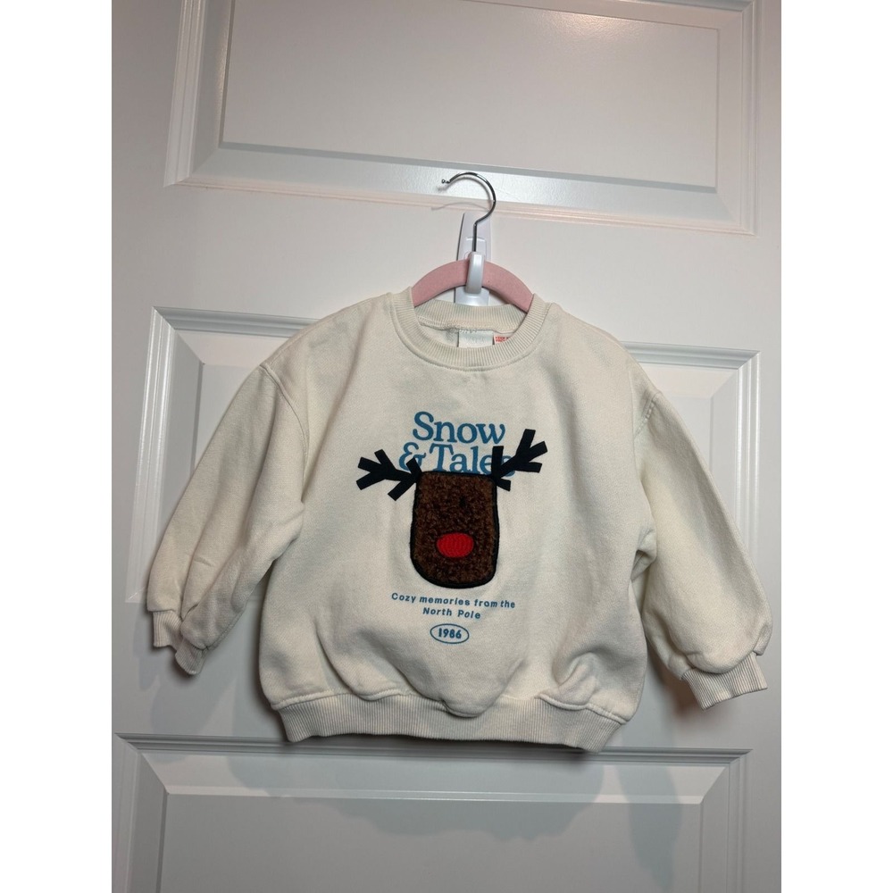 Zara Kids Reindeer Snow & Tales Cream Graphic Sweatshirt Size 18-24 Months 86cm